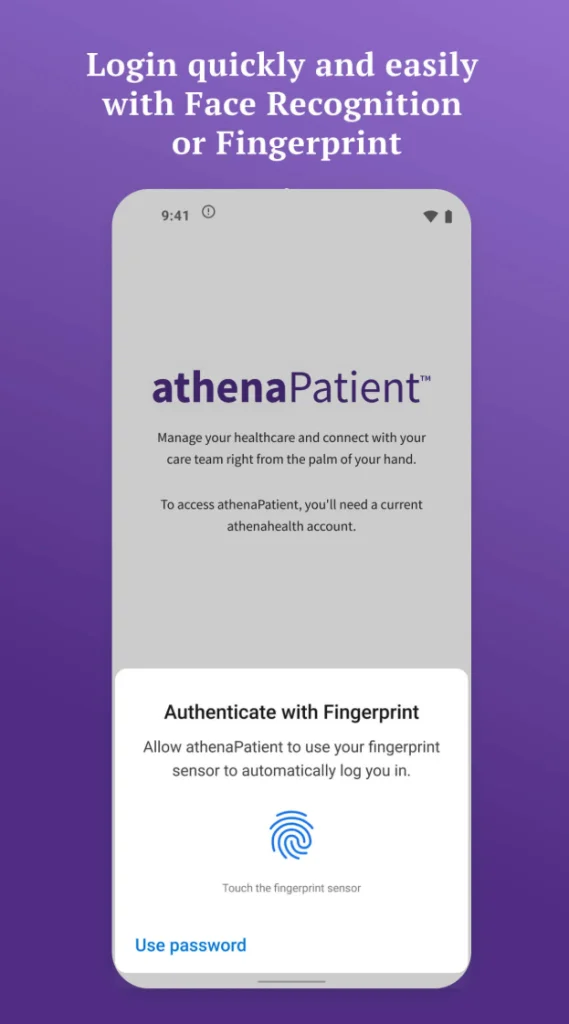 AthenaPatient app sign in page illustrating the biometric log in capability